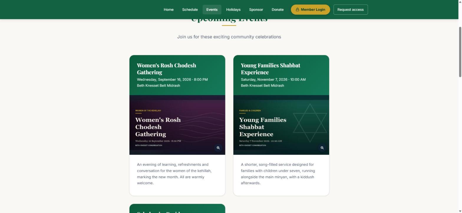 The Beth Knesset demo website Events page, showing upcoming community events as cards with flyer images, dates, venues and descriptions.