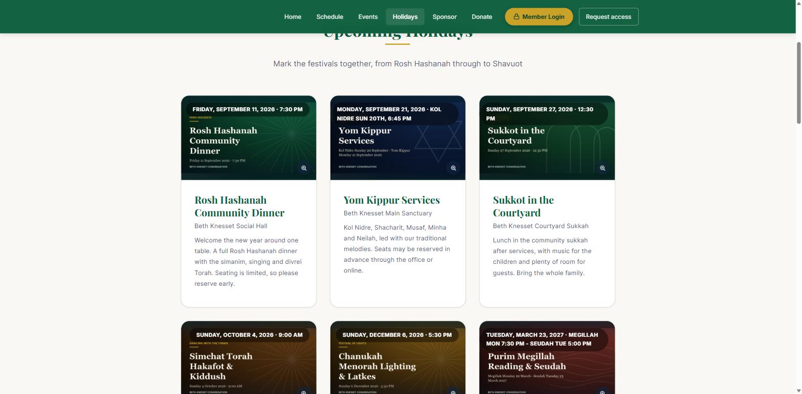The Beth Knesset demo website Holidays page, showing cards for Rosh Hashanah, Yom Kippur and Sukkot with their flyers, dates, venues and descriptions.