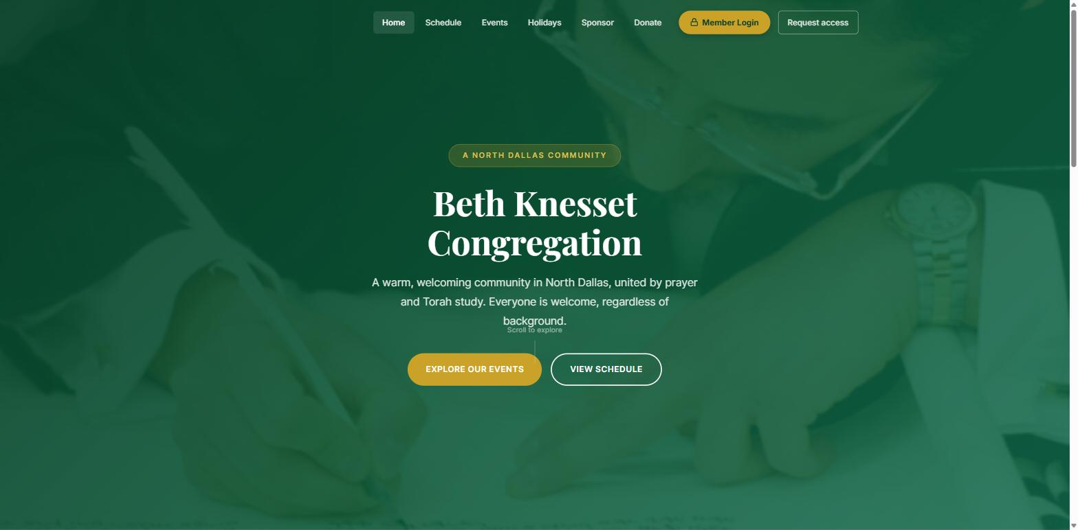 The Beth Knesset demo congregation site in emerald and gold with a classical serif wordmark — a wholly different visual identity from the Shul Services brand.