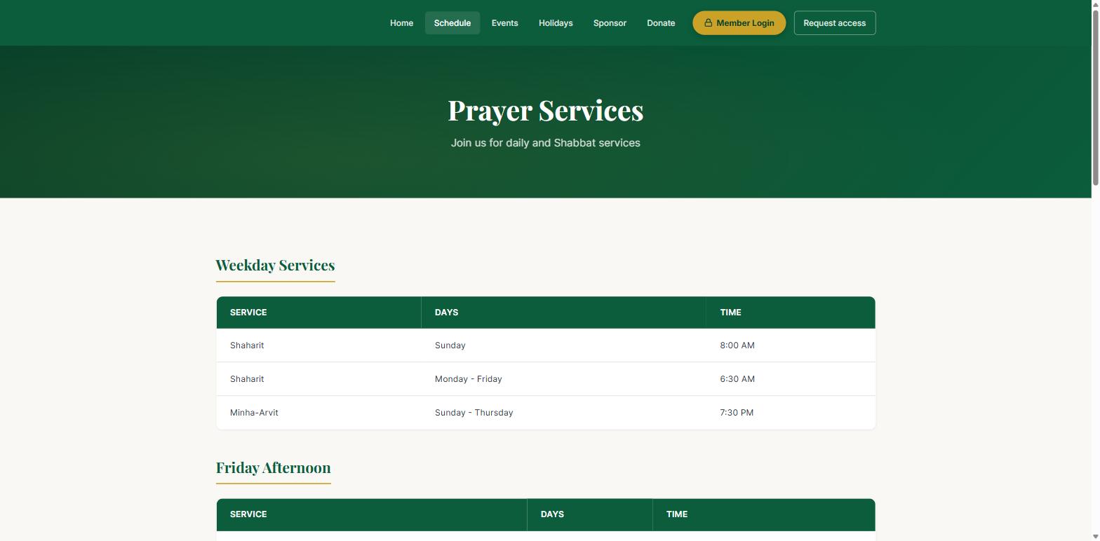 The Beth Knesset demo website prayer schedule page, showing a table of weekday services with days and times.