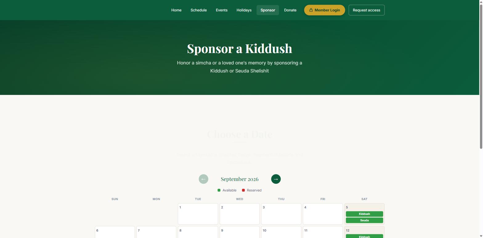 The Beth Knesset demo website kiddush sponsorship calendar for September 2026, showing Kiddush and Seuda buttons on the Saturdays that are still available, with a legend for available and reserved.